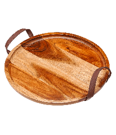 Bandeja de madeira redonda com alca de couro james.f.